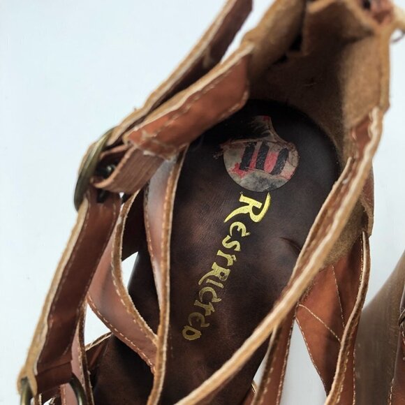 Restricted Camel Brown Strappy Cutout Wooden Platform Wedge Sandals Shoes - Picture 6 of 16